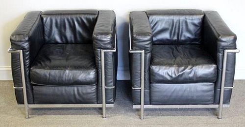 Pair of Leather Corbusier Style Club Chairs.