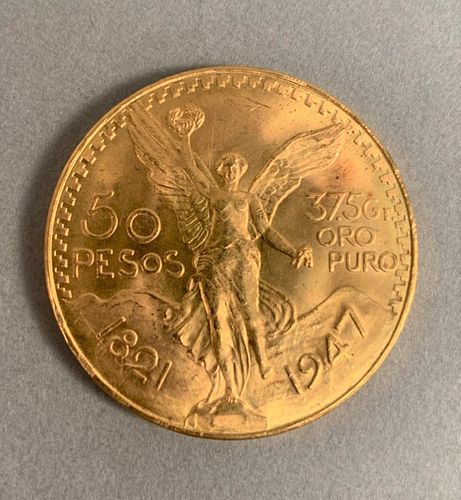 50 Pesos, Mexican gold coin (UNC).