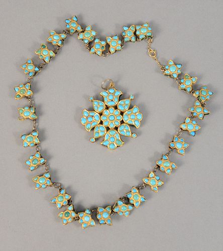 Necklace and pendant mounted with turquoise.