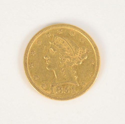 1851 $10 Liberty head gold coin, XF.