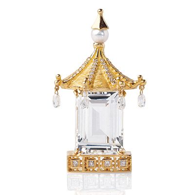 Mish Chinoiserie Pagoda Brooch, 18k Gold, Topaz & Diamond