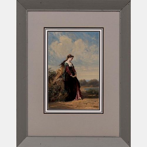 Henri Charles Antoine Baron (1816-1885) Lady in a Landscape Oil on board