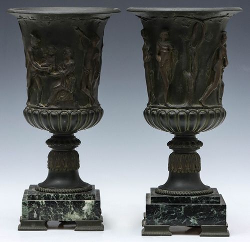 A PAIR EARLY 20TH C. CLASSICAL URN TABLETOP TORCHIERES