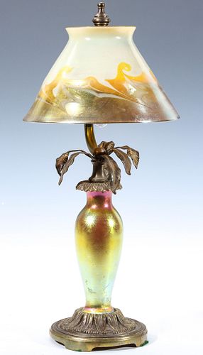 A STEUBEN AURENE LAMP BASE WITH TIFFANY SHADE