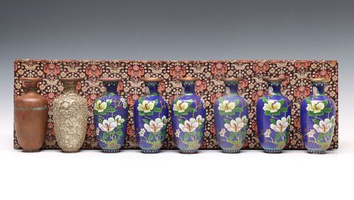 EIGHT CLOISONNE VASES IN VARIOUS STAGES OF CREATION