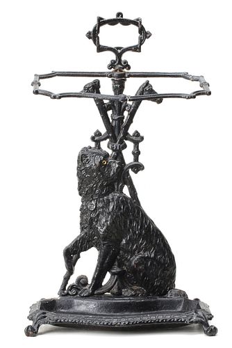 A CAST IRON DOG FIGURAL UMBRELLA AND CANE STAND AS-IS