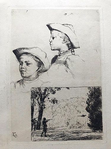  Ludwig Knaus, Hunter in Landscape & Girl, etching, Listed German