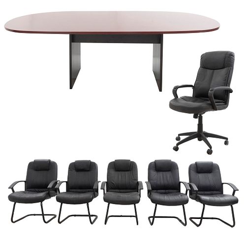 Sala de juntas. Siglo XX. Elaborados en material sintético, metal y MDF enchapado. Consta de: Mesa de juntas y 6 sillones ejecutivos.