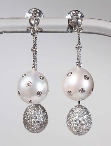 White Double Drop Pearl and Pave Earrings
