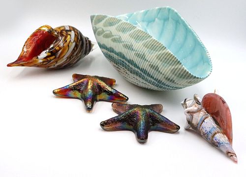 Five Art Glass Shell and Starfish Sculptures