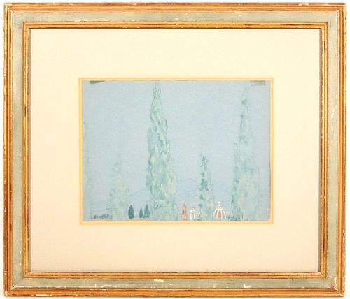 A.B. Davies, Watercolor on Paper, Cypress Trees