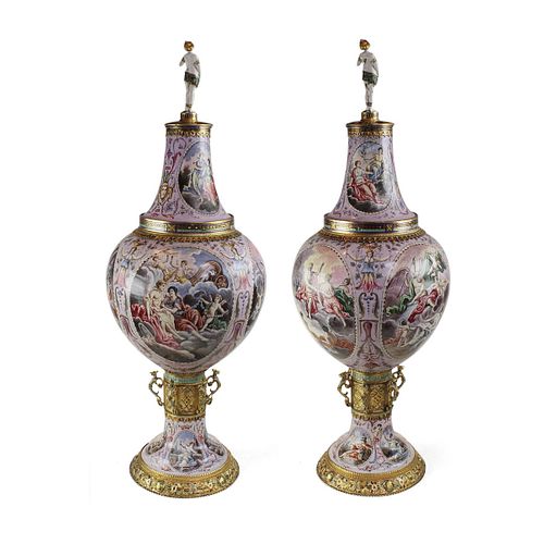 A Magnificent Pair of Viennese Enamel Vases 
