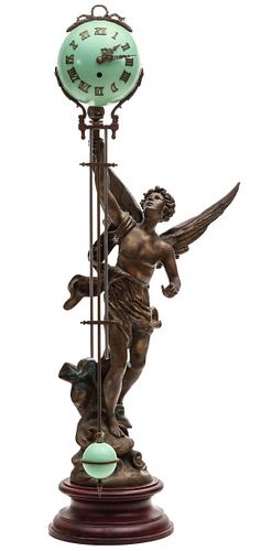 A DRAMATIC ANTIQUE MYSTERY CLOCK WITH WINGED FIGURE