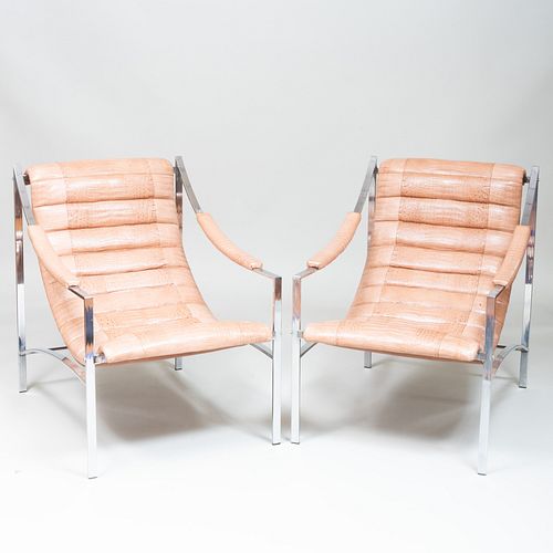Pair of Modern Chrome and Textured Leather 'Crocodile' Chairs