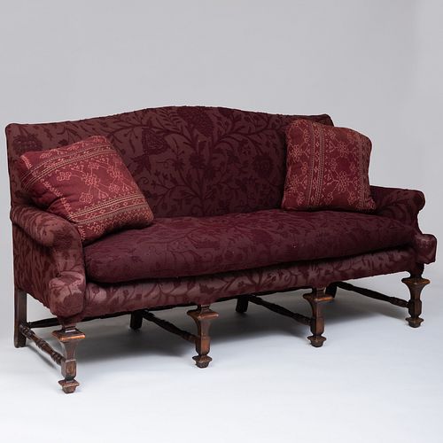 Continental Baroque Style Stained Oak and Embroidered Upholstered Settee