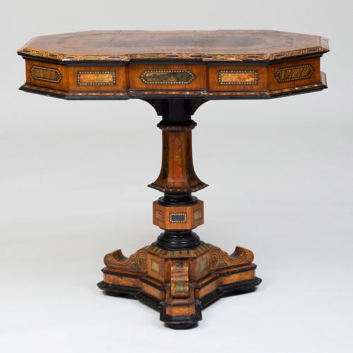Unusual Continental Painted and Inlaid Rosewood, Walnut and Ebonized Center Table