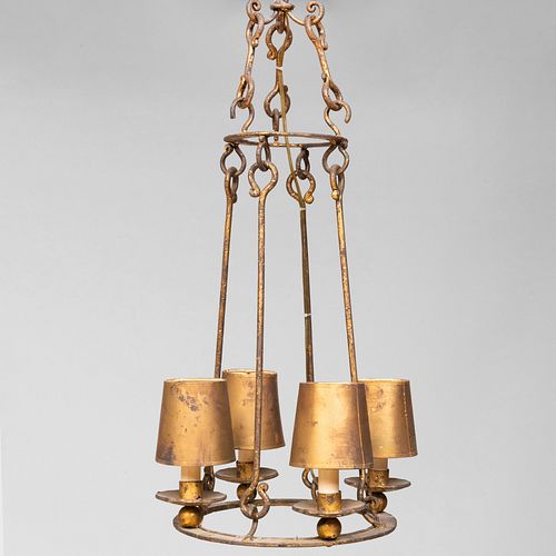 Pair of French Gilt-Metal Four Light Chandeliers