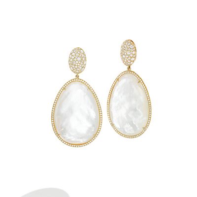 Mish Oval Dome Drop Earclips,18k Gold, Diamond Pavé and Mother of Pearl