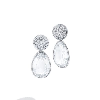 Mish Pavé Dome Earclips & Drops, 18k White Gold,  Diamond and Topaz 