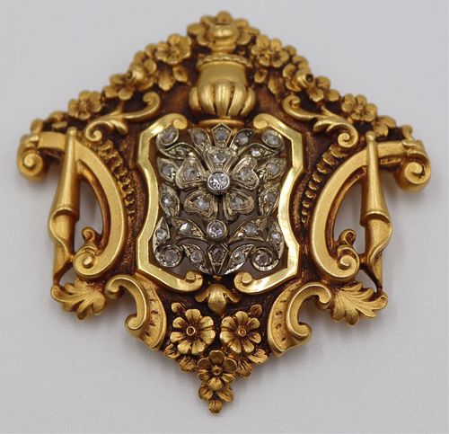 JEWELRY. Continental 14kt Gold and Diamond Brooch.