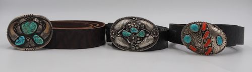 STERLING. (3) Signed Turquoise Inlaid Belt Buckles