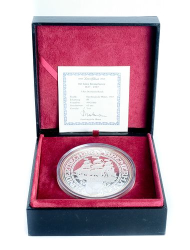 1987 Bremergaven 5 OZ Silver Coin w/COA & Case