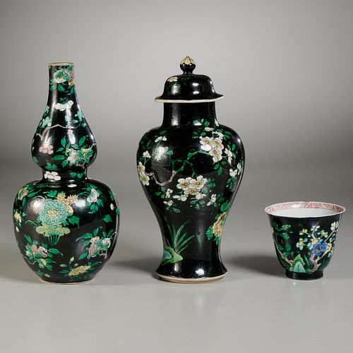 (3) Chinese famille noir porcelains