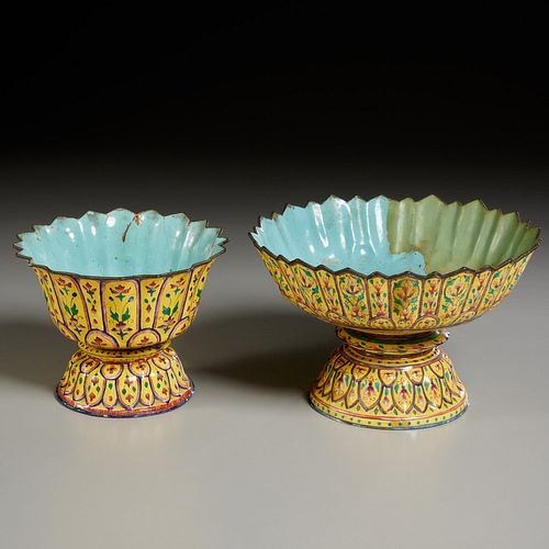 (2) antique royal Thai enameled copper bowls