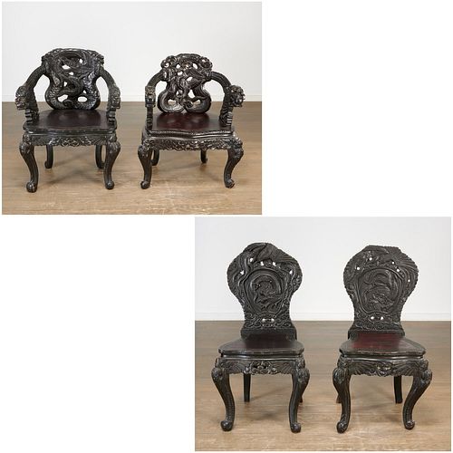 Set (4) Chinese Export carved hardwood chairs