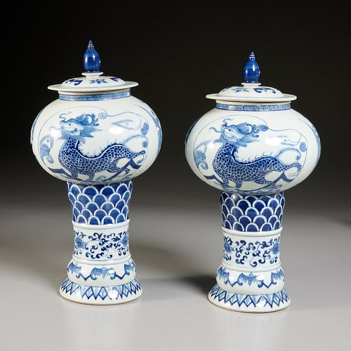 Pair Chinese blue and white jars and covers
