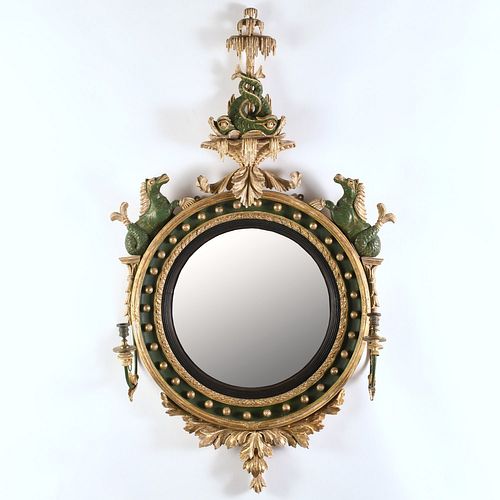 Large Regency silvered, painted convex mirror