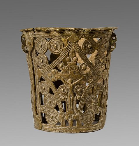 European Brass Cup Holder with Christ on Cross c.18th century. 