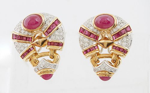 Pair of 18K Yellow Gold Earrings, in the form of hot air balloons, mounted with cabochon rubies and small round diamonds, with Omega...