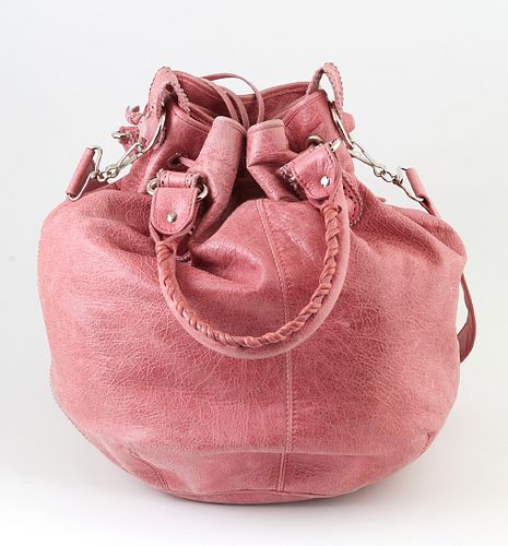 Balenciaga Pink Distressed Leather Giant Covered Pompon Shoulder Bag, the exterior with silver hardware and a side zip compartment, ...