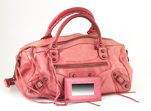 Balenciaga Light Pink Distressed Leather Twiggy Shoulder Bag, the exterior with aged brass hardware and a side zip compartment with ...
