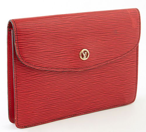 Louis Vuitton Red Epi Montaigne Clutch Old Type, the calf leather with golden brass LV logo accent and snap, opening up to large com...