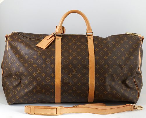 Louis Vuitton Brown Monogram Coated Canvas 60 Keepall Bandouliere Travel Bag, the vachetta leather handles, luggage tag and adjustab...
