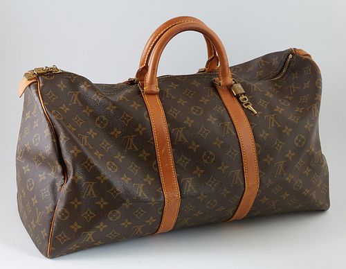 Louis Vuitton Brown Monogram Coated Canvas 50 Keepall Travel Bag, the vachetta leather straps with golden brass hardware, lock and k...