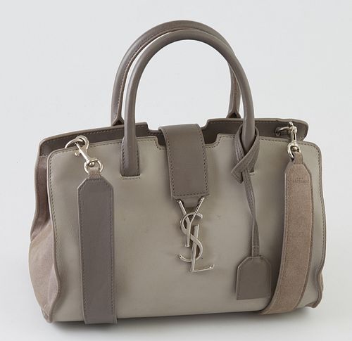 Yves-Saint-Laurent Smooth Grey Leather and Suede Downtown Cabas Shoulder Bag, the leather flap closure with a YSL silver charm at th...