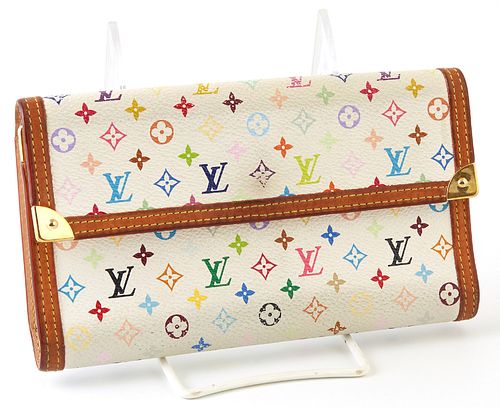 Louis Vuitton Limited Edition Murakami International Wallet, the white multicolor monogram coated canvas with vachetta leather borde...