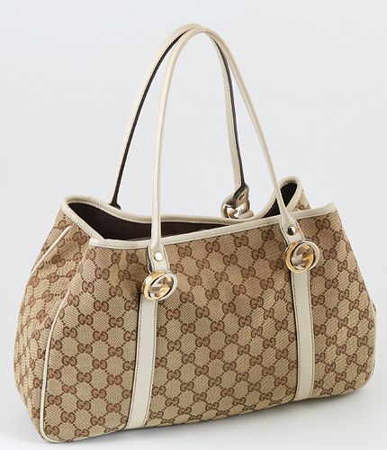 Gucci Beige Monogrammed Canvas and White Leather PM Twins Tote Shoulder Bag, the exterior with gold and silver hardware, opening to ...