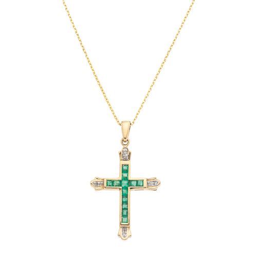 NECKLACE AND CROOS WITH EMERALDS AND DIAMONDS. 14K YELLOW GOLD