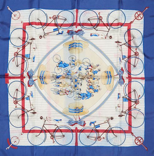 Hermes 'Les Becanes' Silk Scarf, by Hugo Grygkar, first issued in 1954, featuring a border of bicycles, with signature hand rolled e...