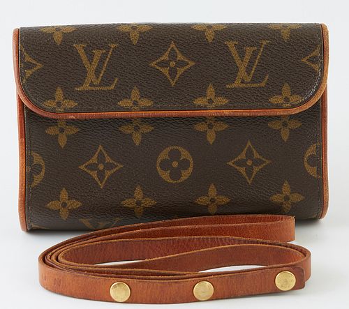 Louis Vuitton Brown Florentine Belt Bag, the coated monogram canvas with golden brass accents, adjustable vachetta leather strap wit...
