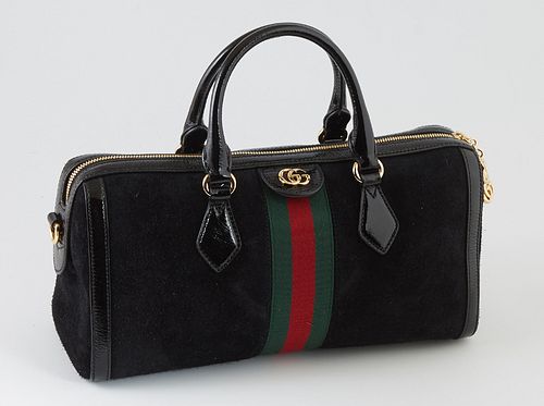Gucci Offidia Medium Top Handle Boston Shoulder Bag, c. 2019, in suede and black leather with gold hardware, the interior of the bag...