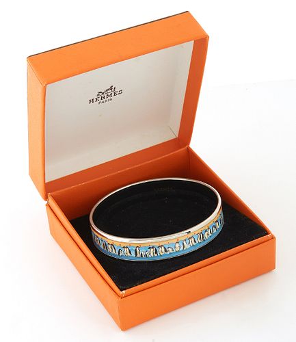 Hermes Stainless Steel Enamel Bangle, with penguin motif, made in Austria, with Hermes presented box, Dia.- 2 3/4 in.
