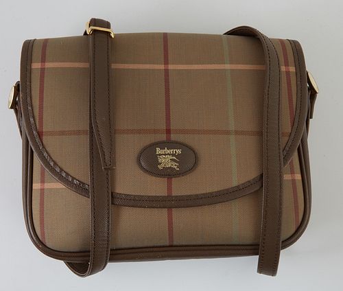 Burberry Khaki Green Large Nova Check Canvas Vintage Flap Crossbody Bag, the exterior with a brown leather Burberry emblem and the b...
