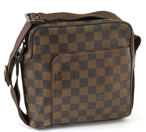 Louis Vuitton Brown Damier Ebene PM Olav Shoulder Bag, the exterior with a corner open pocket, with an adjustable brown canvas strap...