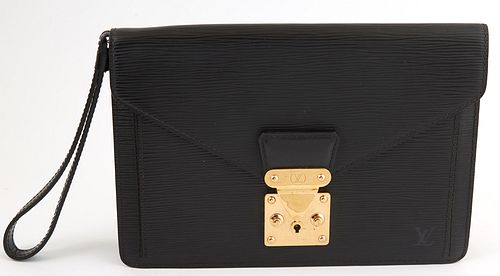Louis Vuitton Black Epi Leather Pochette Sellier Dragonne Handbag, with golden brass hardware, opening to a black interior with one ...