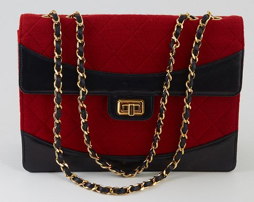 Vintage Chanel Single Flap Red Quilted Canvas Shoulder Bag, c. 2012, with a gold double chain handle interlaced with navy blue leath...